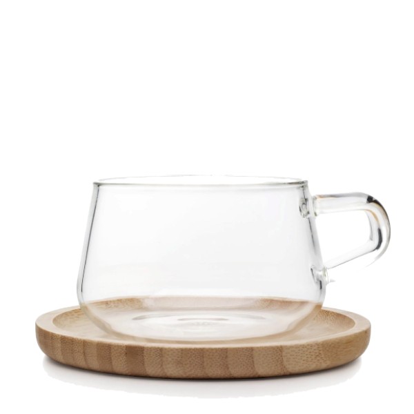 Taza borosilicato con plato de bambú Taza borosilicato con plato de bambú en Cafés La Mexicana